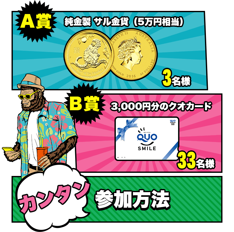 A賞　純金製サル金貨（5万円相当）　3名様　B賞3,000円分のクオカード　33名様