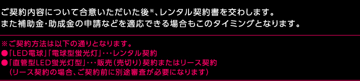 ご契約内容について合意いただいた後＊、レンタル契約書を交わします。
また補助金・助成金の申請などを適応できる場合もこのタイミングとなります。＊ご契約方法は以下の通りとなります。
●「LED電球」「電球型蛍光灯」・・・レンタル契約
●「直管型LED蛍光灯型」・・・販売（売切り）契約またはリース契約
　（リース契約の場合、ご契約前に別途審査が必要になります）