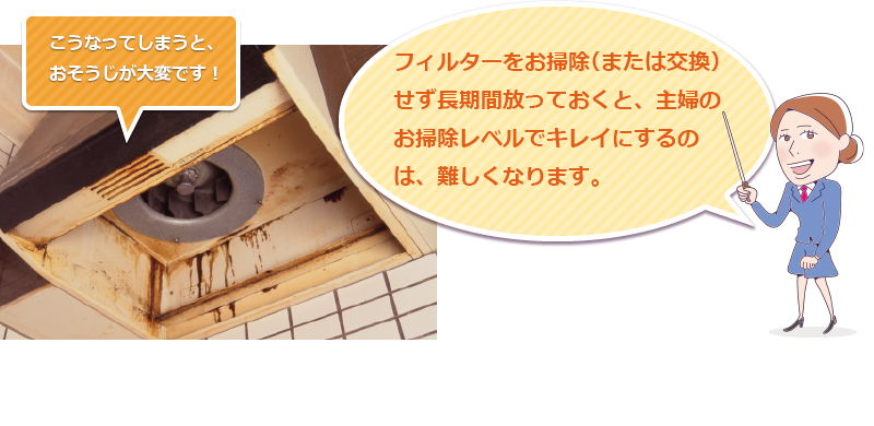 こうなってしまうとおそうじが大変です！フィルターをお掃除（または交換）せず長期間放っておくと、主婦のお掃除レベルでキレイにするのは、難しくなります。