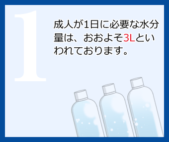 成人が1日に必要な水分量は、おおよそ3Lといわれております。