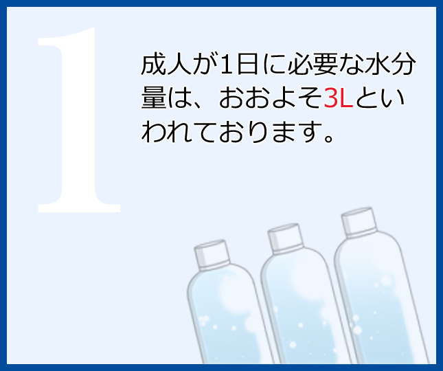 成人が1日に必要な水分量は、おおよそ3Lといわれております。