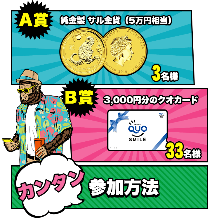 A賞 純金製サル金貨(5万円相当) 3名様 B賞3,000円分のクオカード 33名様